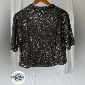 Black Sequin Short Sleeve Crop Top Size S